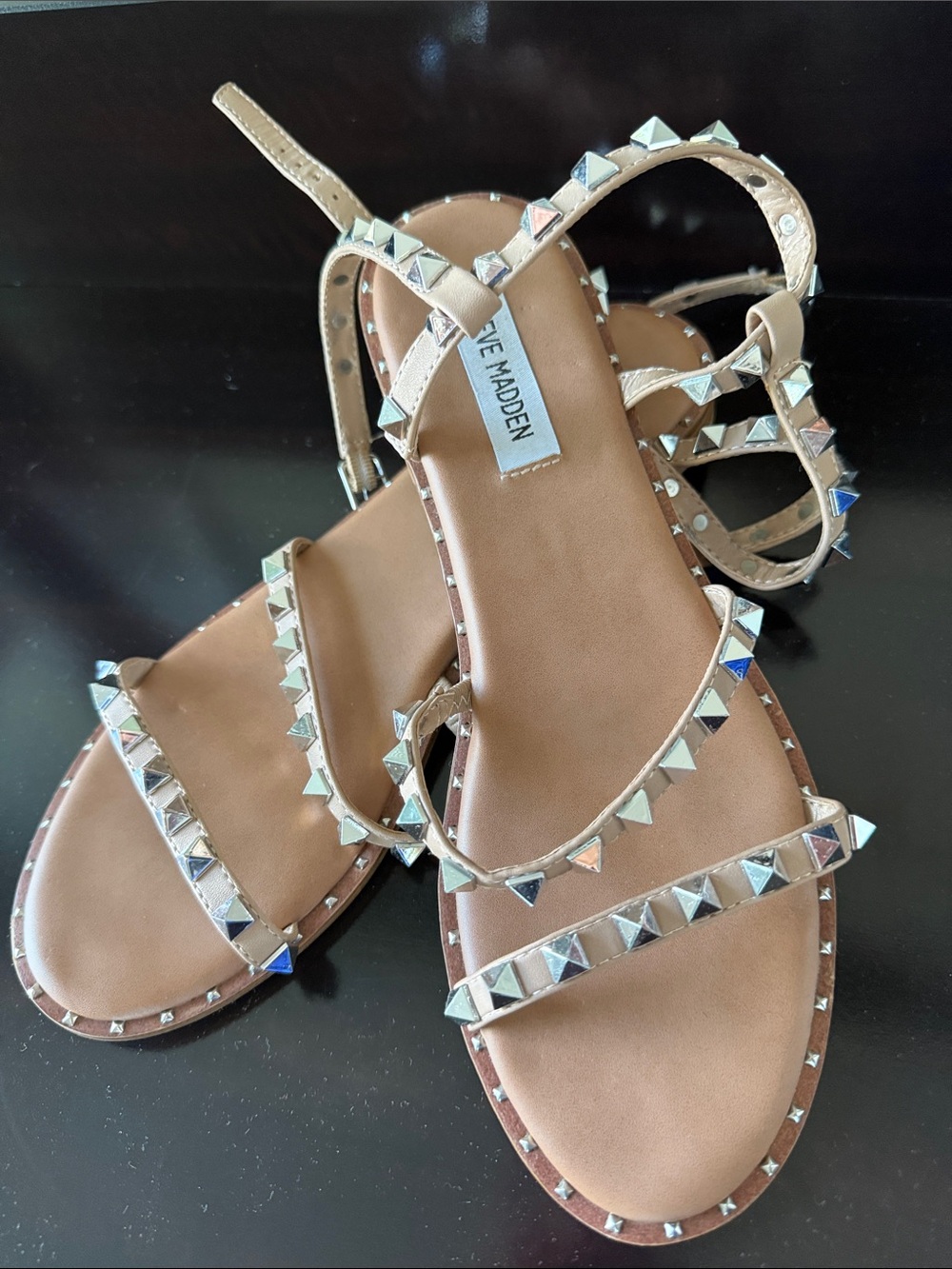 Steve Madden Studded Strappy Flat Sandals in Beige